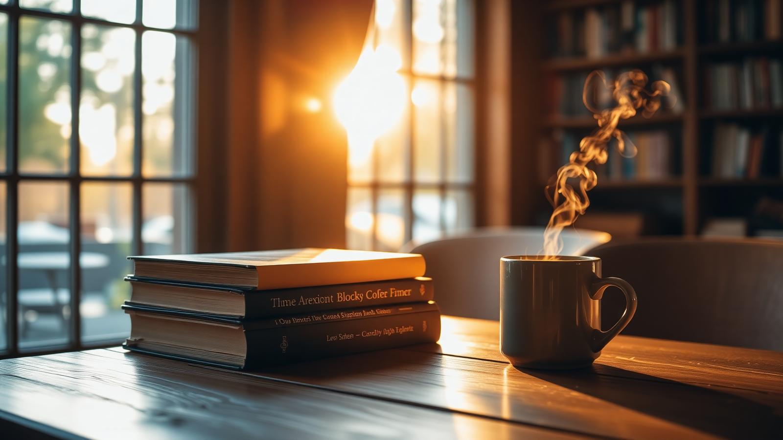 A stack of books and a warm mug on a sunlit wooden table